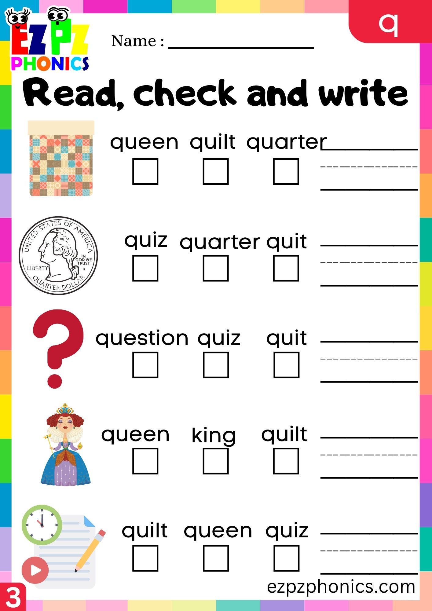 Letter q Read Check and Write the Words Group 3